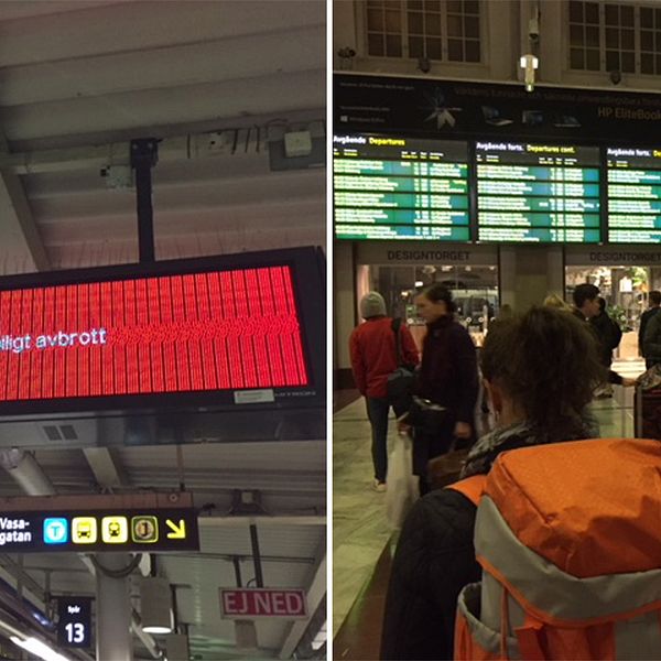 SVT:s reporter vittnar om  stora förseningar och dålig information på Stockholms central där många tåg är försenade.