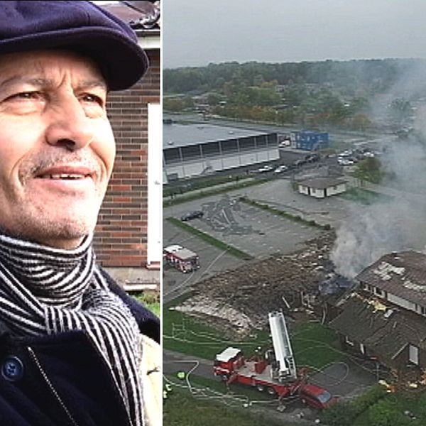Hassan Mountagui, vice ordförande för islamiska kulturcentret i Örebro. Till höger en bild från branden i Örebro moské i ett montage.