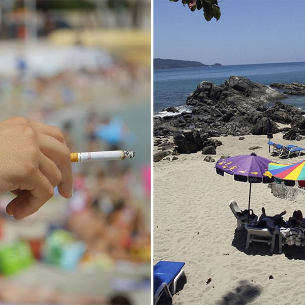 Till vänster en person som håller en cigarett i handen. I bakgrunden ses en strand. Till höger solstolar och parasoll på Patong beach.