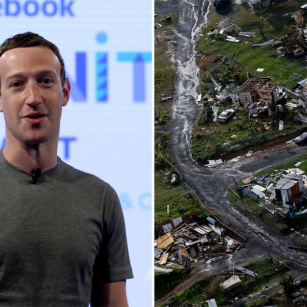 Till vänster Mark Zuckerberg. Till höger sönderblåsta hus i Puerto Rico.