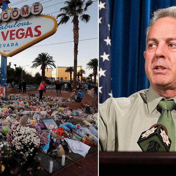 Blommor vid en skylt i Las Vegas samt sheriff Joseph Lombardo vid en presskonferens