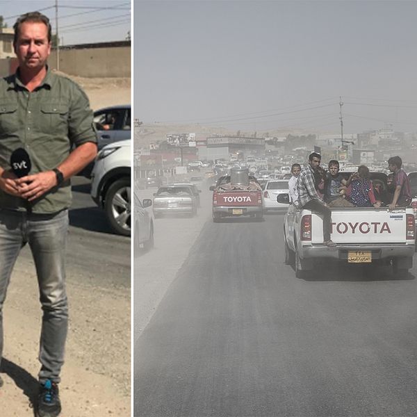 Människor flyr Kirkuk efter irakiska arméns framryckning. Till vänster SVT:s fotograf Niclas Berglund och korrespondent Stefan Åsberg.