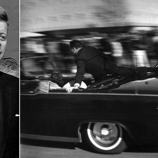 John F. Kennedy till vänster. Bild från omedelbart efter skotten i Dallas till höger.