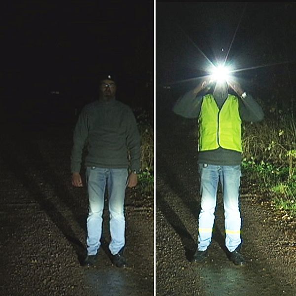 dubbelbild: person står i mörkret på väg, utan respektive med reflexväst och pannlampa.