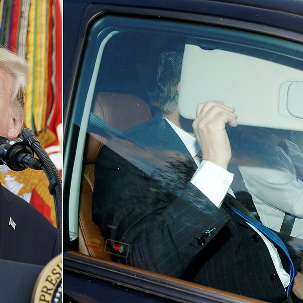 Donald Trump och Paul Manafort som döljer sitt ansikte när han lämnar sitt hem.