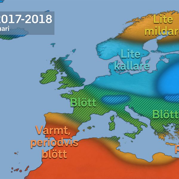 Schematisk bild över hur vädret kan komma att upplevas över Europa vintern 2017-2018. Bedömningen förhåller sig till vad som är klimatologiskt ”normalt” i respektive område.