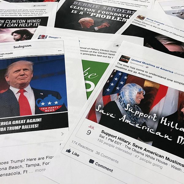Ett urval av de annonser som kopplas till ryska försök att störa och påverka det amerikanska presidentvalet.