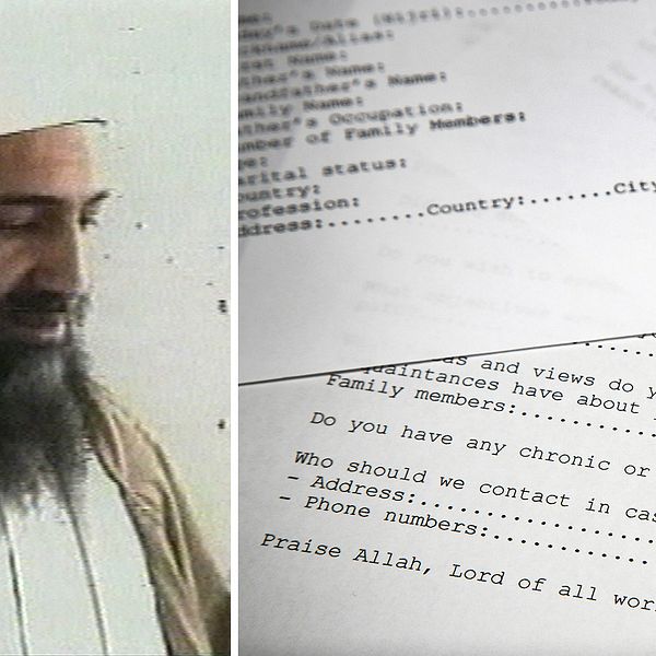 al-Qaidaledaren Usama bin Ladin och ett ansökningsformulär för att gå med i terrororganisationen översatt till engelska, som släpptes vid ett tidigare tillfälle.
