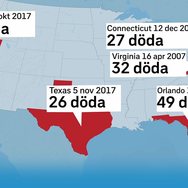 Karta med pilar på de platserna för de dödligaste masskjutningarna i USA.