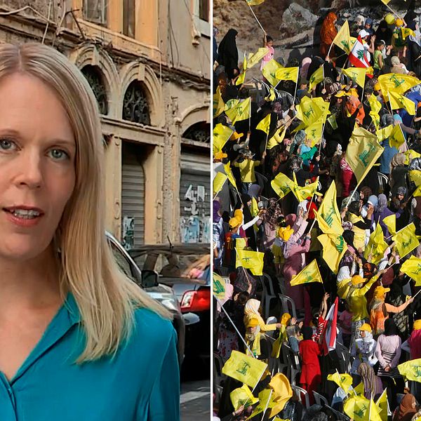 SVT:s korrespondent Stina Blomgren och en bild på en folksamling som bär Hezbollahs flagga.