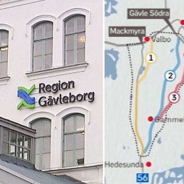 Delad bild på region gävleborgs administrationsbyggnad och en karta över förslag på framtida dragning av väg 56.
