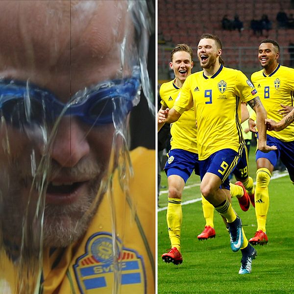 Lilla Aktuellts reporter Christopher Gimling Shaftoe och Sveriges landslag firar segern.