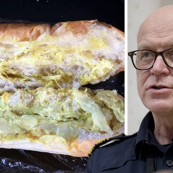 Porträttbild av erik nord intill öppnad baguette med gul fyllning och några salladsblad