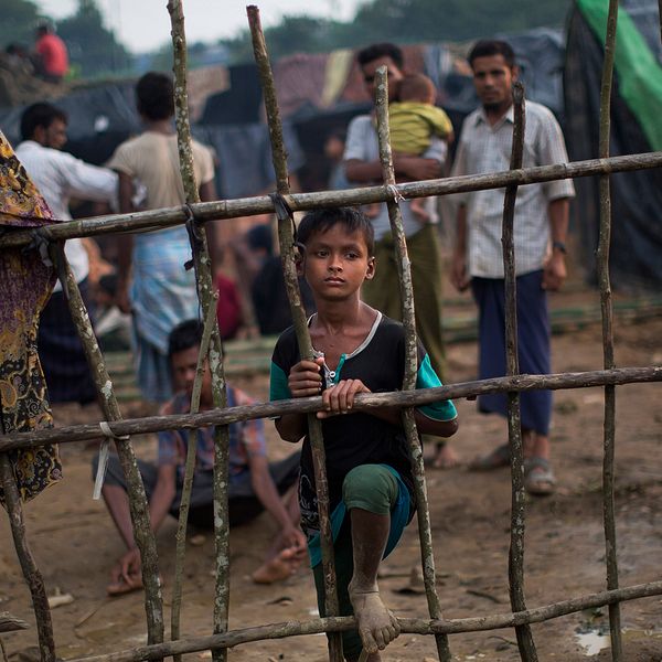 Ett barn från rohingyafolket klättrar på staket i ett flyktingläger i Bangladesh.