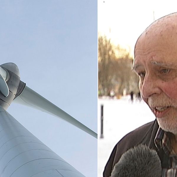 Ett vindkraftverk och en bild på Sven Larsson som är emot högre  vindkraftverk.