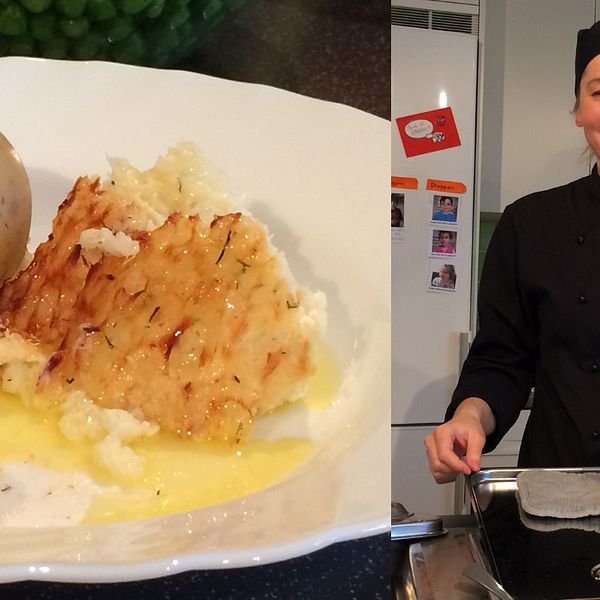 Potatis och fisk på en tallrik. Till höger Josefine Lind i förskolan Snöstjärnans kök.