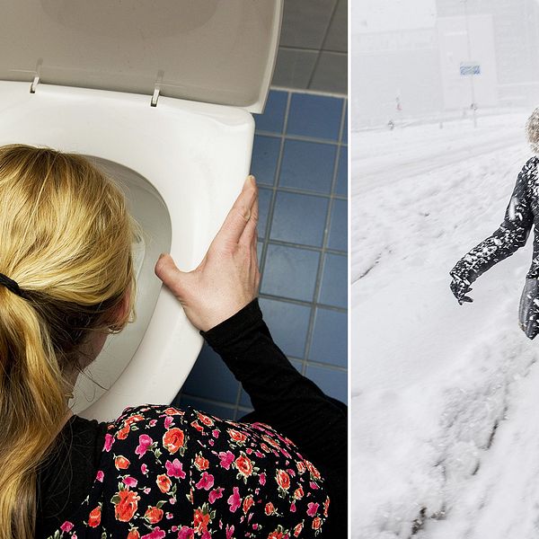 Tvådelad bild: En kvinna spyr i en toalett till vänster. Till höger går en kvinna utomhus i snöstorm.