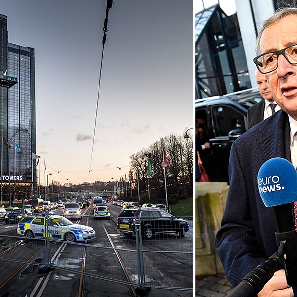 Europeiska kommissionens ordförande Jean-Claude Juncker utanför Eriksbergshallen och poliser utanför Gothia Towers i Göteborg den 17 november.