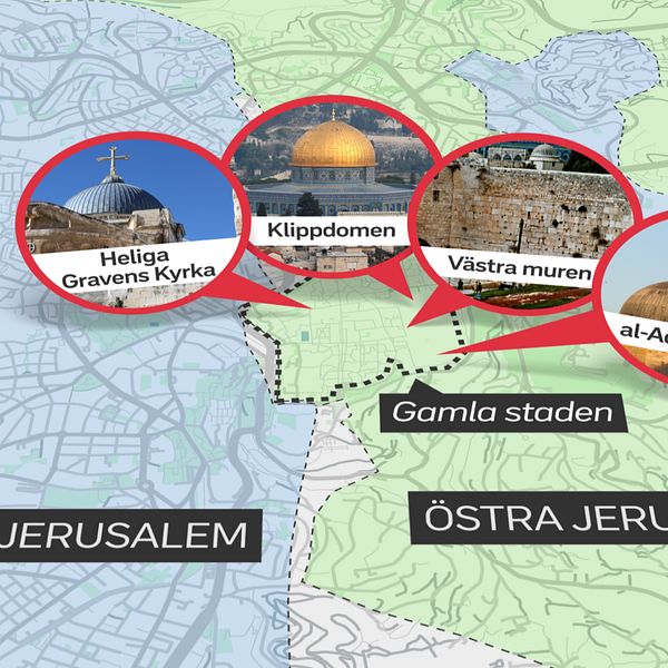 De tre världsreligionerna judendom, islam och kristendom har heliga platser i Jerusalems gamla stadsdel.