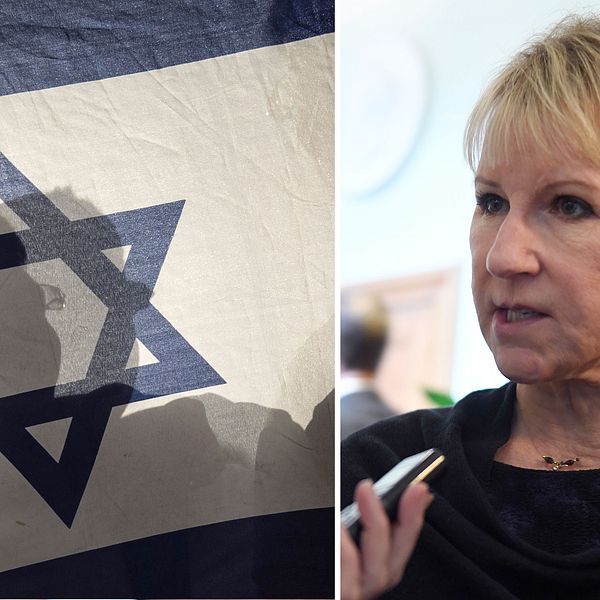 Halva bilden är på Israels flagga och halva bilden är på Margot Wallström