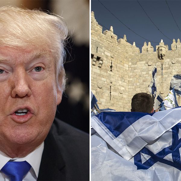 Till vänster Donald Trump. Till höger människor med israeliska flaggor.