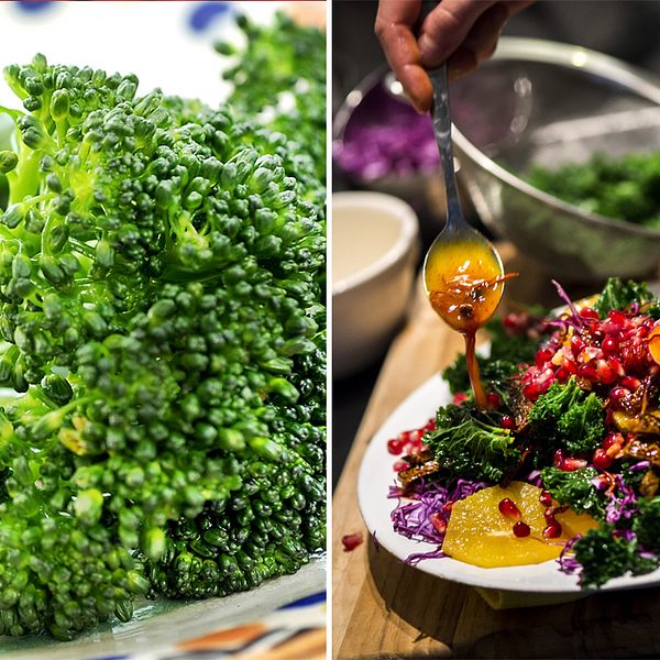 Till vänster broccoli. Till höger en sallad med grönkål och granatäpple.