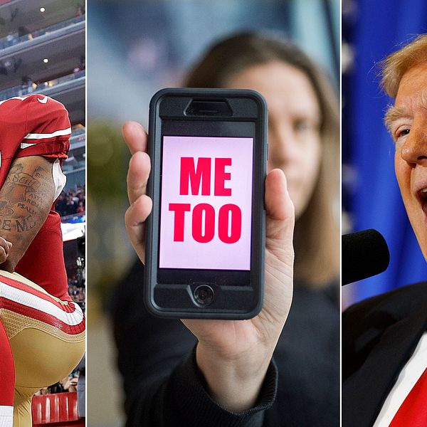 Den amerikanske fotbollsspelaren Colin Kaepernick, en metoo-logga och Donald Trump.