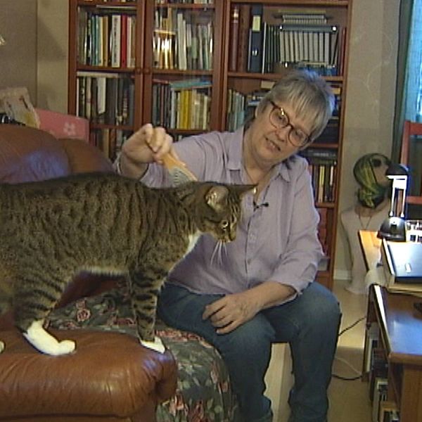 en kvinna sitter i soffa med en katt