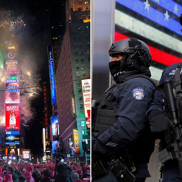 Tungt beväpnad personal från New York-polisens antiterrorstyrka bevakar Times Square i New York.