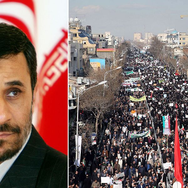 Mahmoud Ahmadinejad samt protester i Iran tidigare i veckan