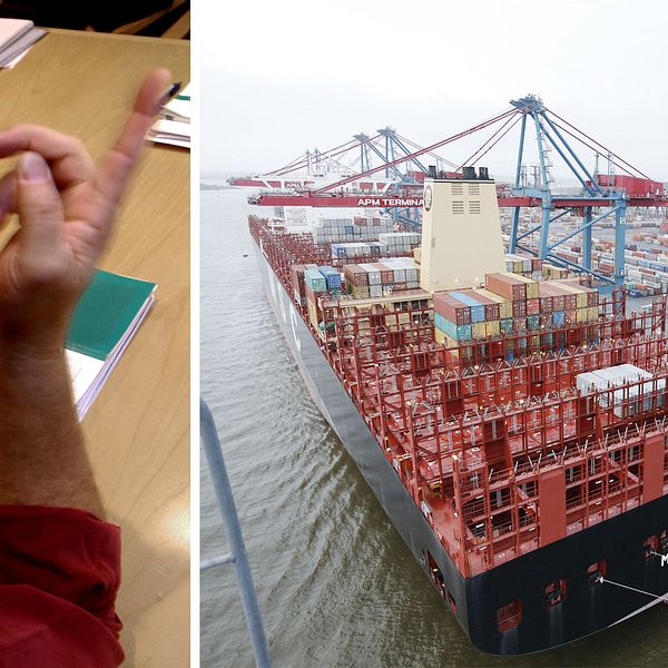 en person i en möteslokal intill en bild av ett stort containerfartyg