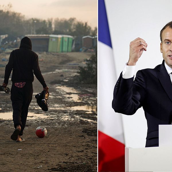 En migrant i den rivna ”djungeln” i oktober 2016, samt Emmanuel Macron.