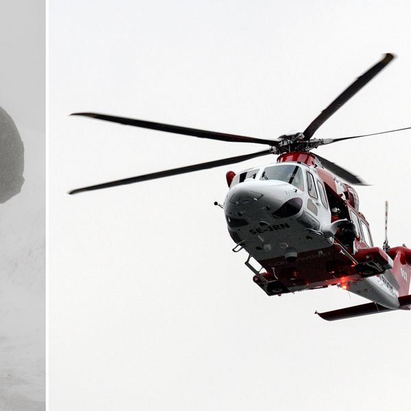 Person ute i snöstorm och sjöräddninghelikopter ute och åker.