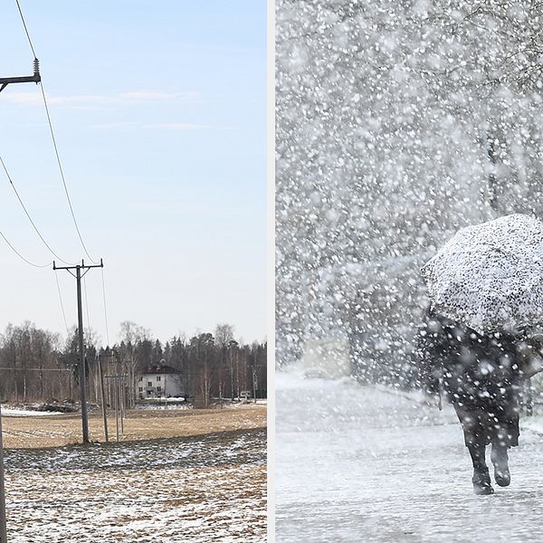 Till vänster syns elledningar. Till höger en person som går i ett snöfall med ett paraply i handen.