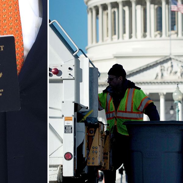 Ett amerikansk pass och en man som hämtar sopor i USA:s huvudstad Washington DC.