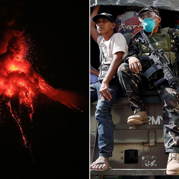 Lava spyr ut ur vulkanen Mayons krater. Människor evakueras.