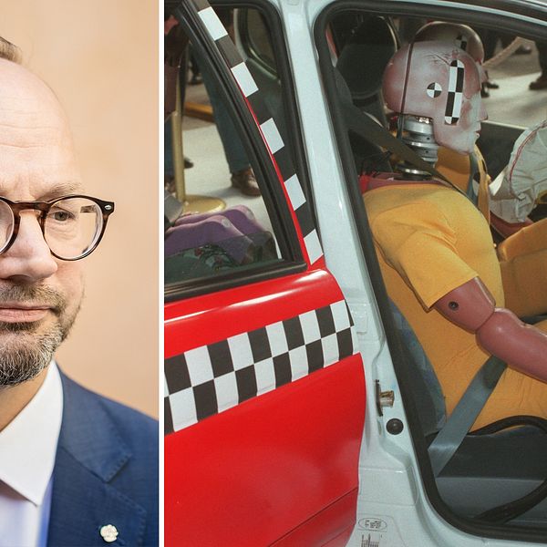 porträtt en man, samt dockor i bil i krocktest