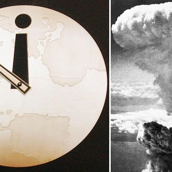 En hand flyttar på Domedagsklockan ihopsatt med en bild från en atombombs rökmoln.