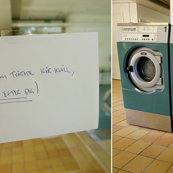 En arg lapp i tvättstugan som lyder: ”Du som tvättade i går kväll städa efter dig!”.