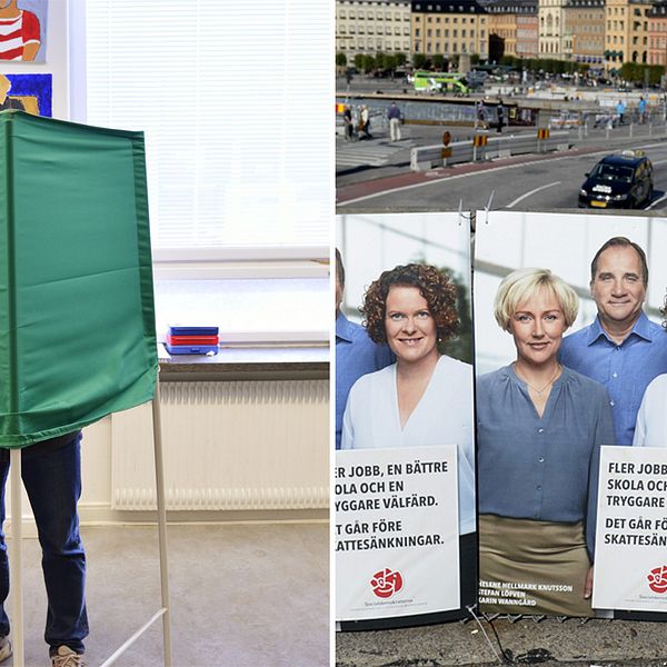 Till vänster en person röstar i en vallokal. Till höger socialdemokratiska affischer från förra valet.