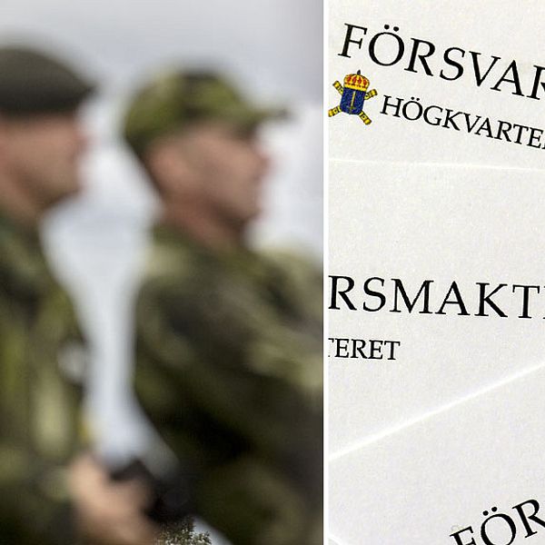 Soldater i kamouflagekläder ihopsatt med pappersblanketter där det står Försvarsmakten.