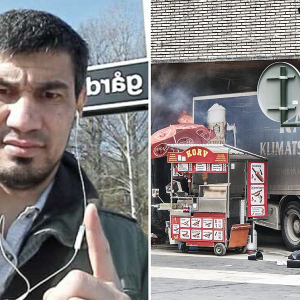 Till vänster en bild föreställande misstänkte terroristen Rakhmat Akilov ståendes framför Vårby Gårds tunnelbaneskylt. Till höger lastbilen när den kört in i Åhlens på Drottninggatan.