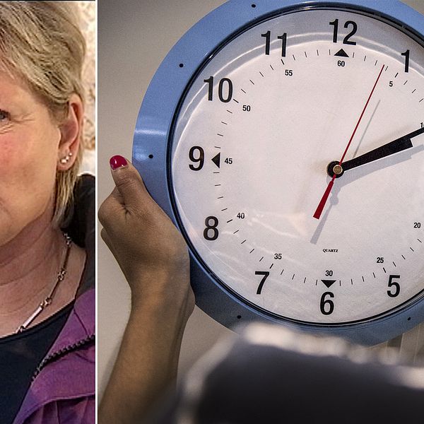 kvinna tar ner blå klocka från väggen/intervjubild på annan kvinna