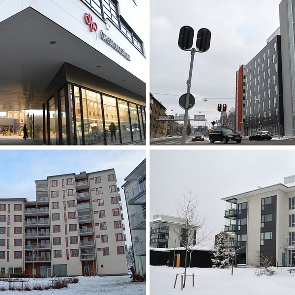 Fyra olika byggnader i Örebro.