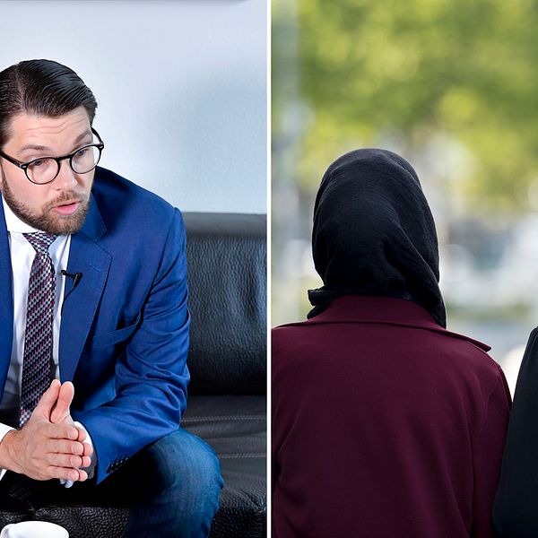 SD:s partiledare Jimmie Åkesson till vänster. Två kvinnor med slöja till vänster.