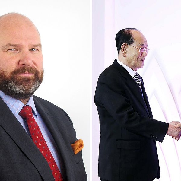 Vänster: Niklas Swanström, chef för Institutet för säkerhets- och utvecklingspolitik.
Höger: Kim Yong-nam, ordförande för Nordkoreas högsta folkförsamling, skakar hand med Sydkoreas president Moon Jae-in i Pyeongchang.