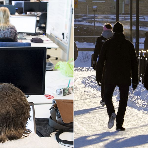 En bild på två kvinnor framför varsin dator, samt en bild på två personer som är ute på promenad.