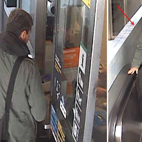 Bilder som visar den terroråtalade Rakhmat Akilov från tunnelbane-spärren i Vårby gård, respektive en rulltrappa vid Odenplan.