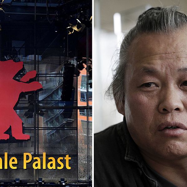 Bild på Kim Ki-duk och fasaden på en byggnad där Berlins filmfestival-logga syns uppsatt.