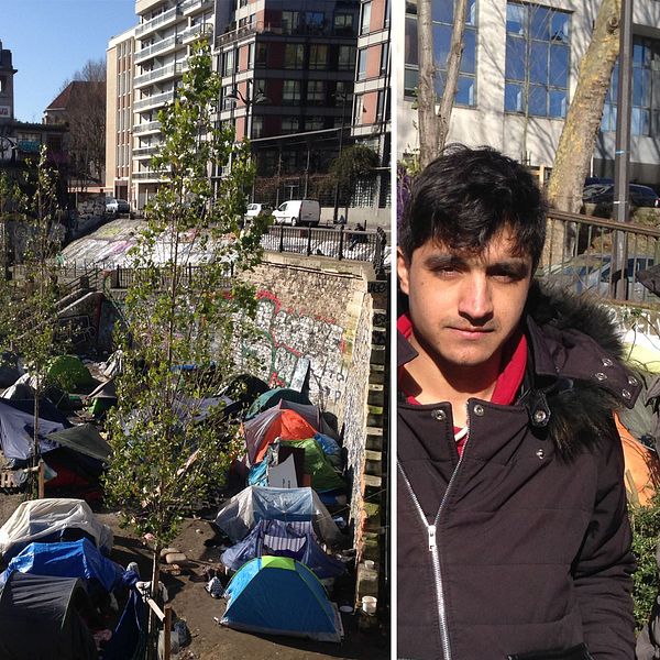 Tält med flyktingar i Paris, Faisal Momand till höger.